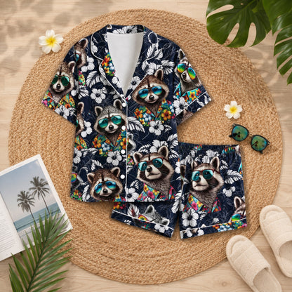 PJ-046-Satin Navy Tropical Raccoon White Piping Button Up Pajama Set FREE SHIPING