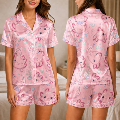 PJ-047-Satin Pink Axolotl White Piping Button Up Pajama Set FREE SHIPING