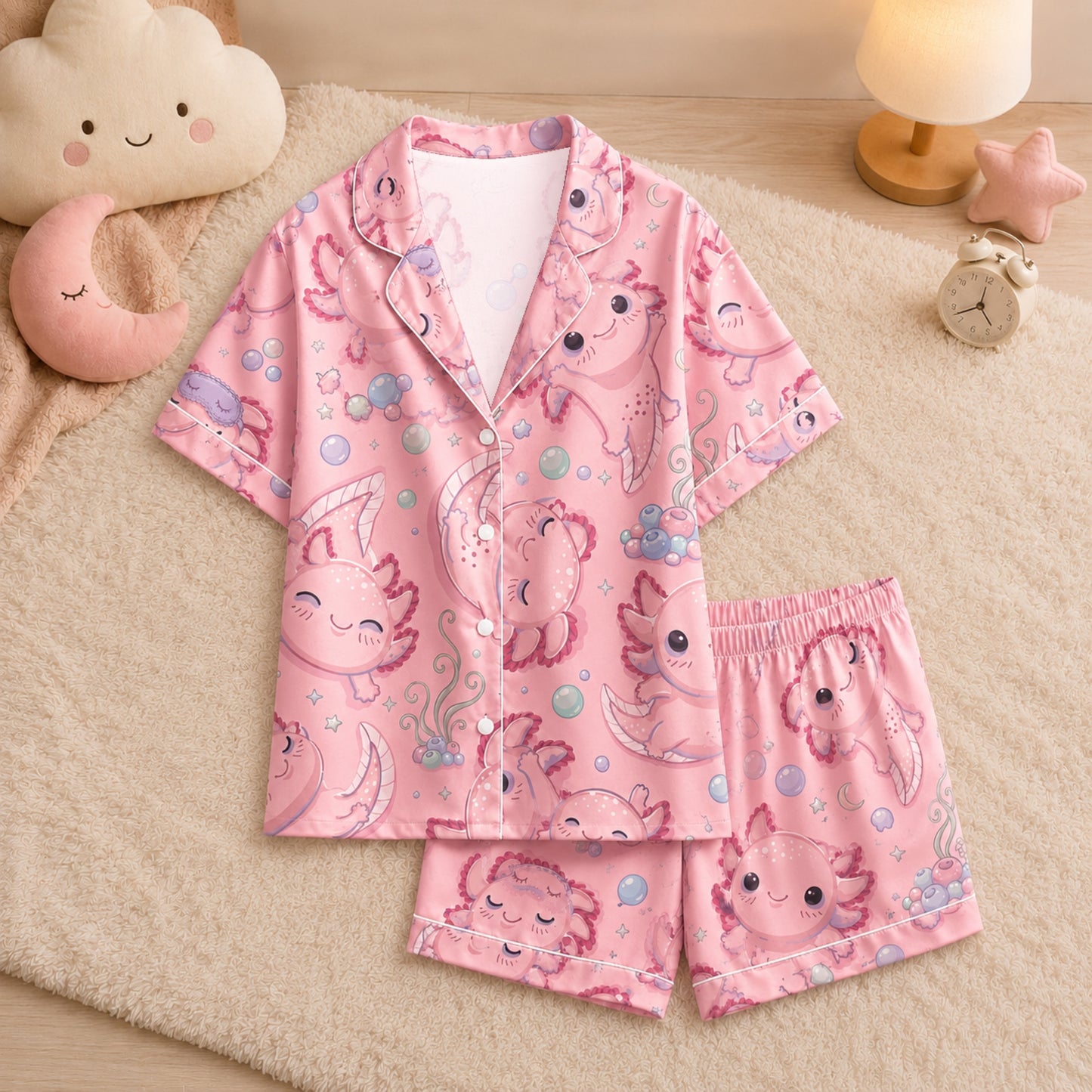 PJ-047-Satin Pink Axolotl White Piping Button Up Pajama Set FREE SHIPING
