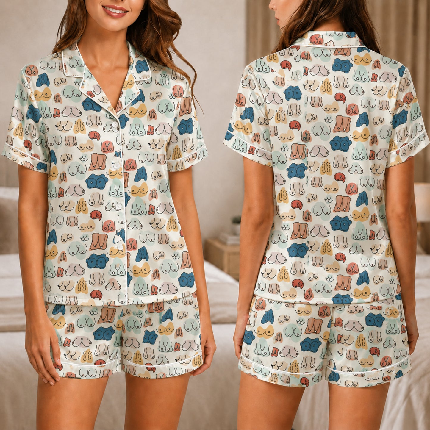 PJ-048-Satin Colorful Abstract Line Art White Piping Button Up Pajama Set FREE SHIPING