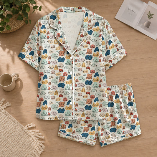 PJ-048-Satin Colorful Abstract Line Art White Piping Button Up Pajama Set FREE SHIPPING