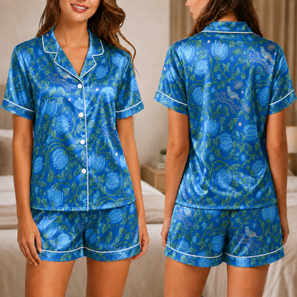 PJ-049-Satin Blue Vintage Botanical White Piping Button Up Pajama Set FREE SHIPING