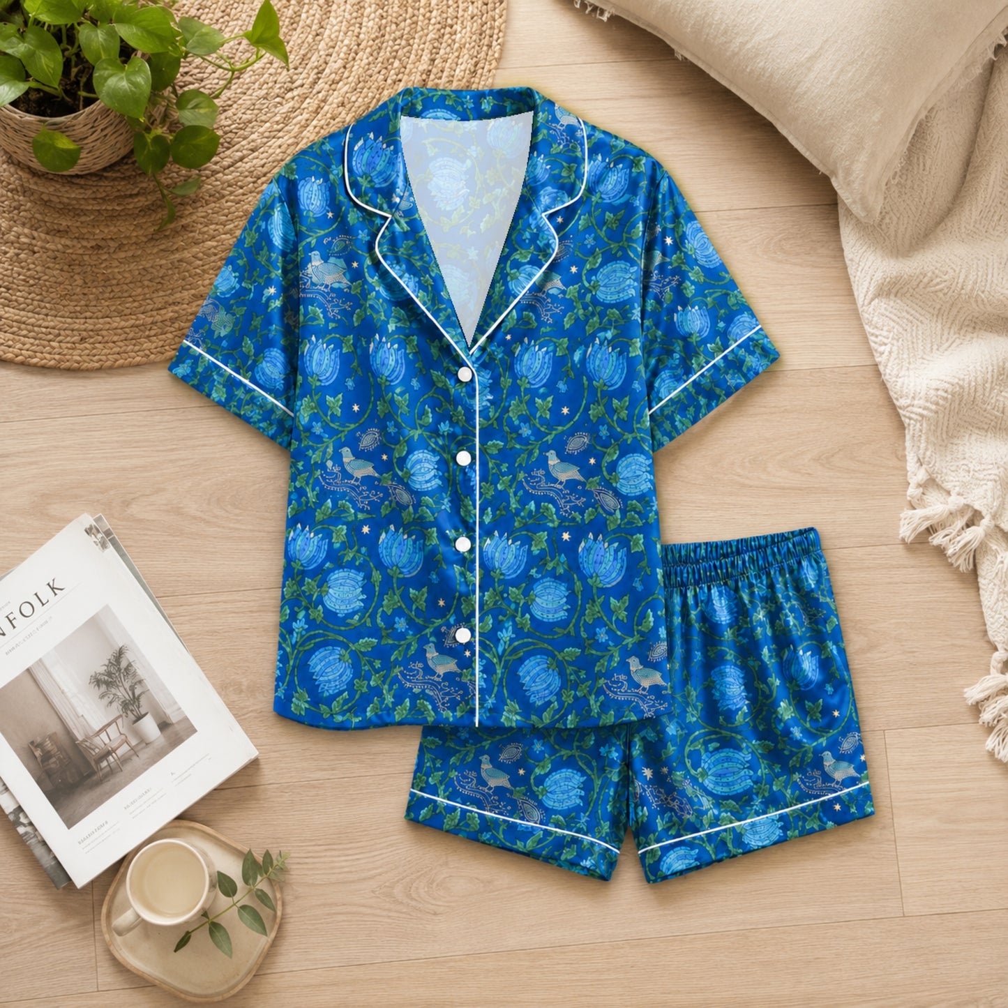 PJ-049-Satin Blue Vintage Botanical White Piping Button Up Pajama Set FREE SHIPING