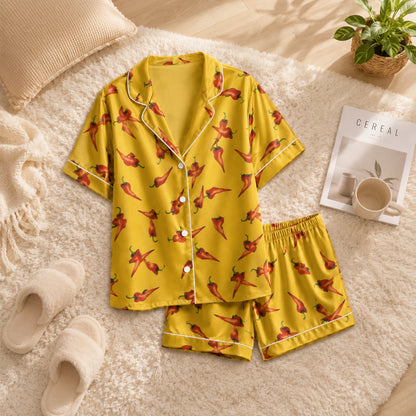 PJ-050-Spicy Chili Pajama Set Featuring Vibrant Red Pepper Artwork FREE SHIPING