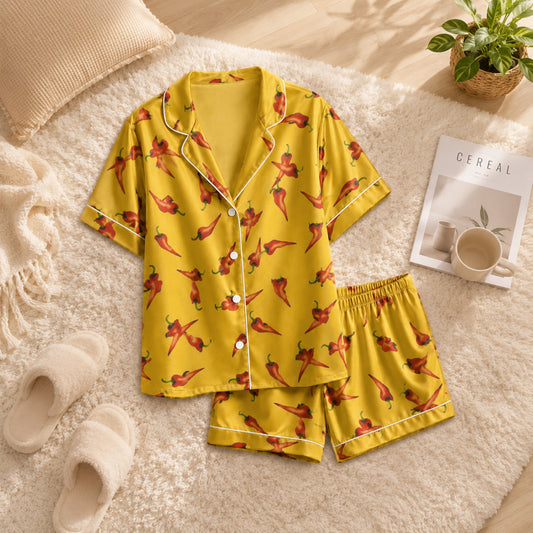PJ-050-Spicy Chili Pajama Set Featuring Vibrant Red Pepper Artwork FREE SHIPING
