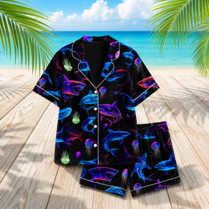 PJ-052-Neon Shark Print Pajama Set Featuring Glowing Ocean Creatures and Jellyfish Artwork FREE SHIPING