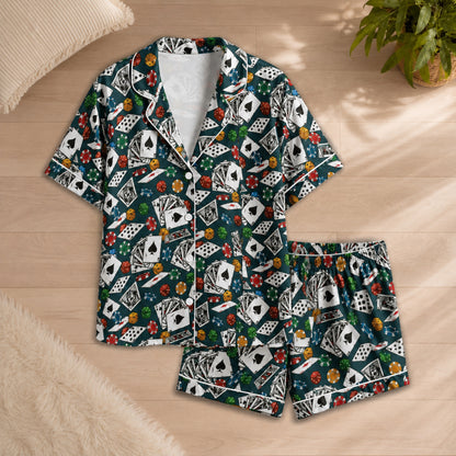 PJ-054-Casino Print Pajama Set Featuring Playing Cards, Poker Chips, Dice, and Gaming Artwork FREE SHIPING