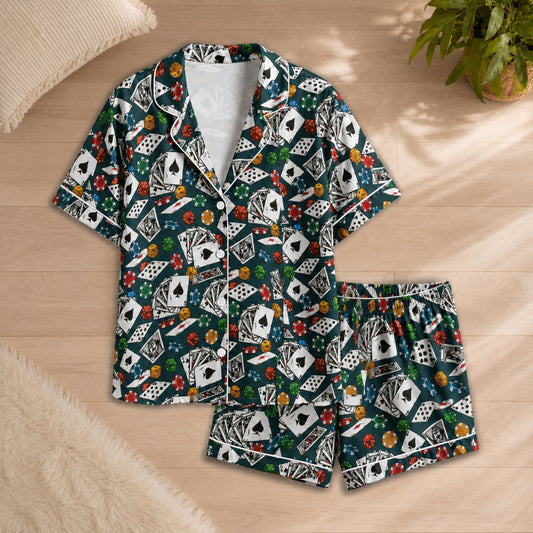 PJ-054-Casino Print Pajama Set Featuring Playing Cards, Poker Chips, Dice, and Gaming Artwork FREE SHIPING