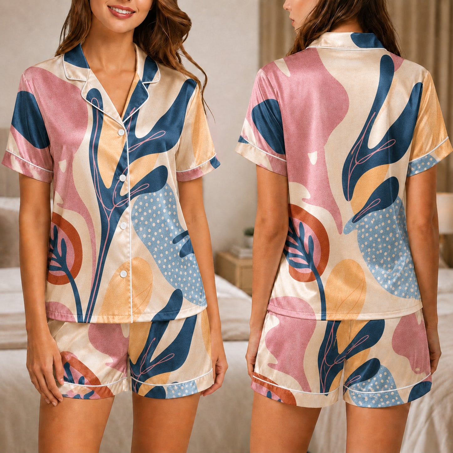 PJ-057-Satin White Abstract Botanical White Piping Button Up Pajama Set FREE SHIPING