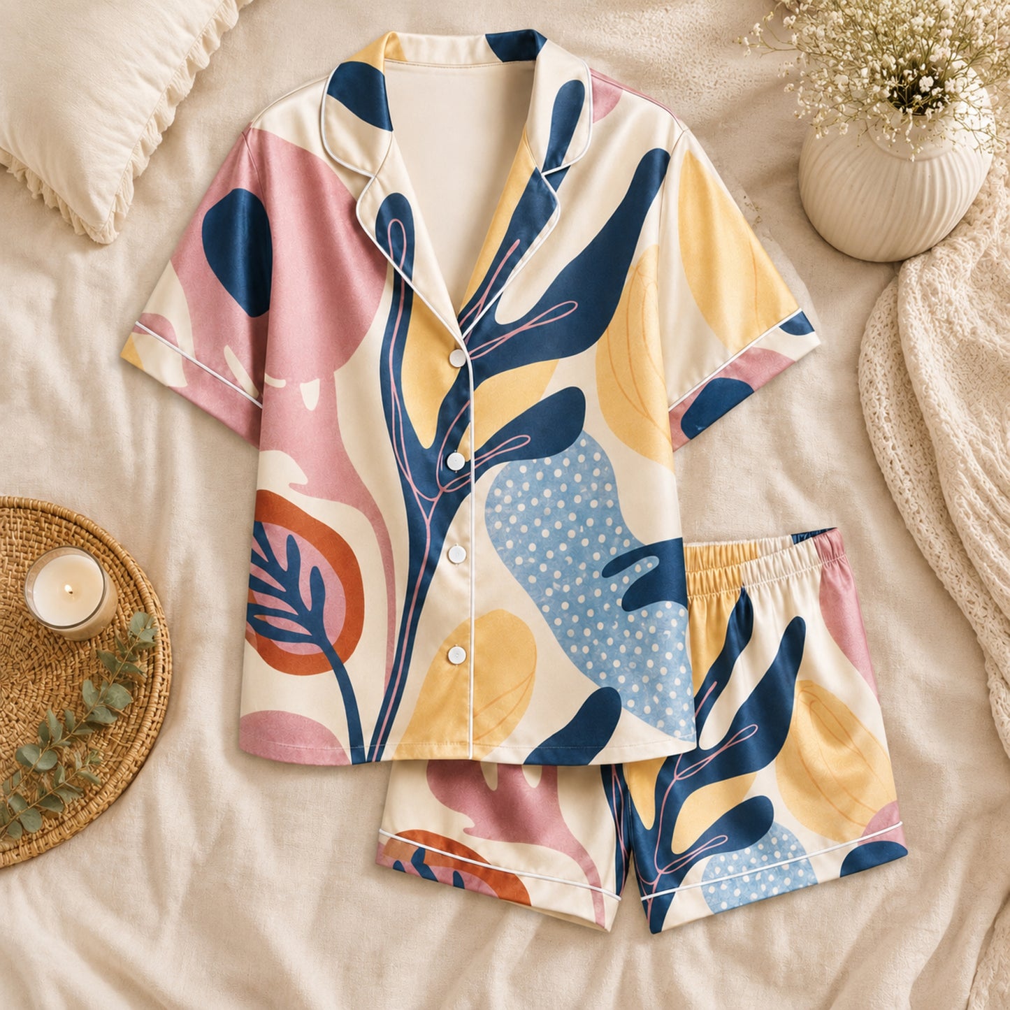 PJ-057-Satin White Abstract Botanical White Piping Button Up Pajama Set FREE SHIPING