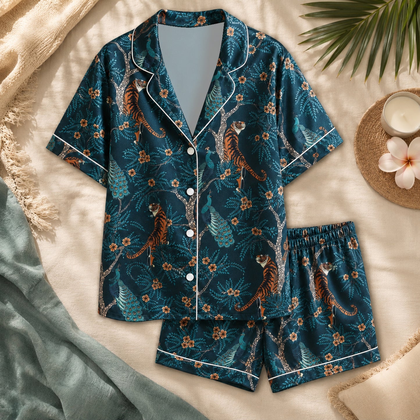 PJ-058-Satin Teal Exotic Jungle White Piping Button Up Pajama Set FREE SHIPING