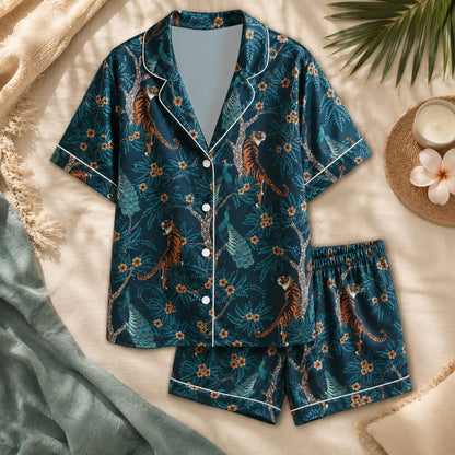 PJ-058-Satin Teal Exotic Jungle White Piping Button Up Pajama Set FREE SHIPING
