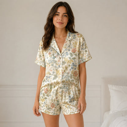 PJ-059-Satin Cream Vintage Floral White Piping Button Up Pajama Set FREE SHIPING