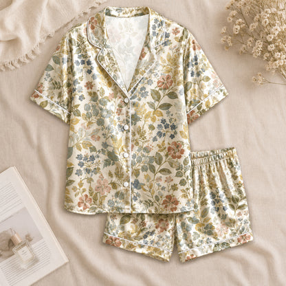 PJ-059-Satin Cream Vintage Floral White Piping Button Up Pajama Set FREE SHIPING