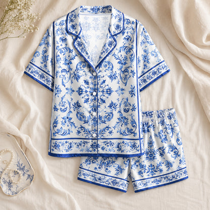 PJ-060-Satin White Porcelain Floral Blue Piping Button Up Pajama Set FREE SHIPING