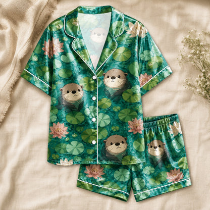 PJ-061-Satin Emerald Otter Pond White Piping Button Up Pajama Set FREE SHIPING