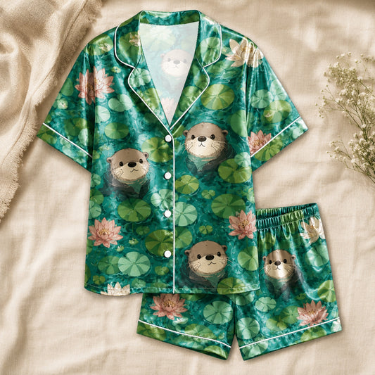PJ-061-Satin Emerald Otter Pond White Piping Button Up Pajama Set FREE SHIPPING