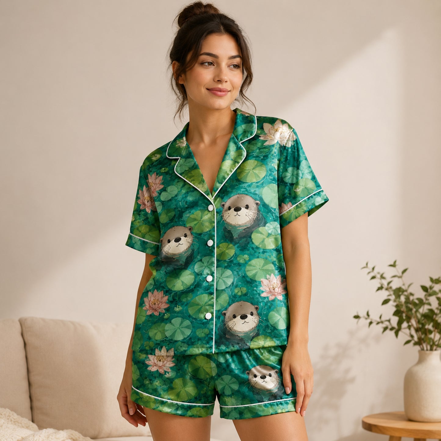 PJ-061-Satin Emerald Otter Pond White Piping Button Up Pajama Set FREE SHIPING