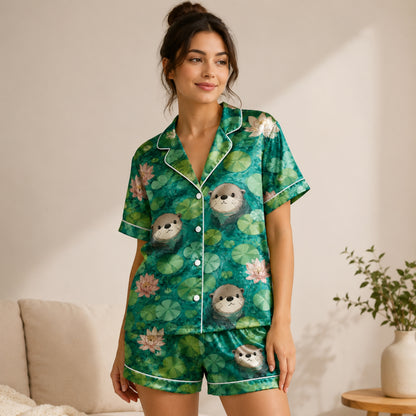 PJ-061-Satin Emerald Otter Pond White Piping Button Up Pajama Set FREE SHIPING