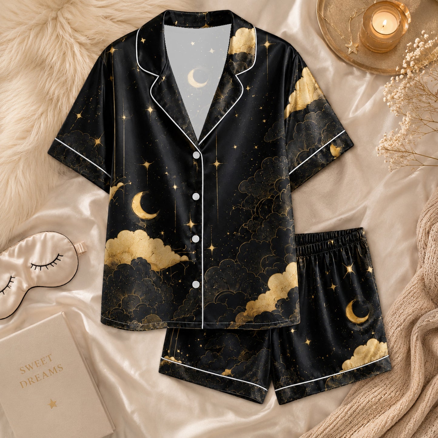 PJ-062-Celestial Silk Pajama Set, Black Gold Crescent Moon Star Print Loungewear Sleepwear FREE SHIPING