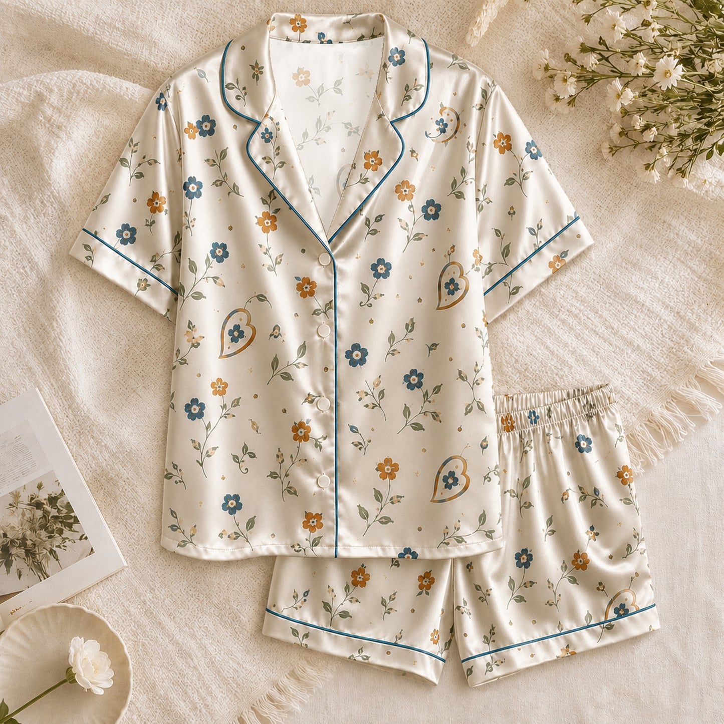 PJ-063-Satin White Autumn Blossom Teal Piping Button Up Pajama Set FREE SHIPING