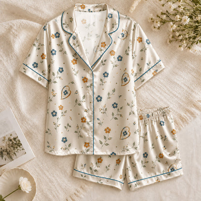 PJ-063-Satin White Autumn Blossom Teal Piping Button Up Pajama Set FREE SHIPING