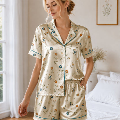 PJ-063-Satin White Autumn Blossom Teal Piping Button Up Pajama Set FREE SHIPING
