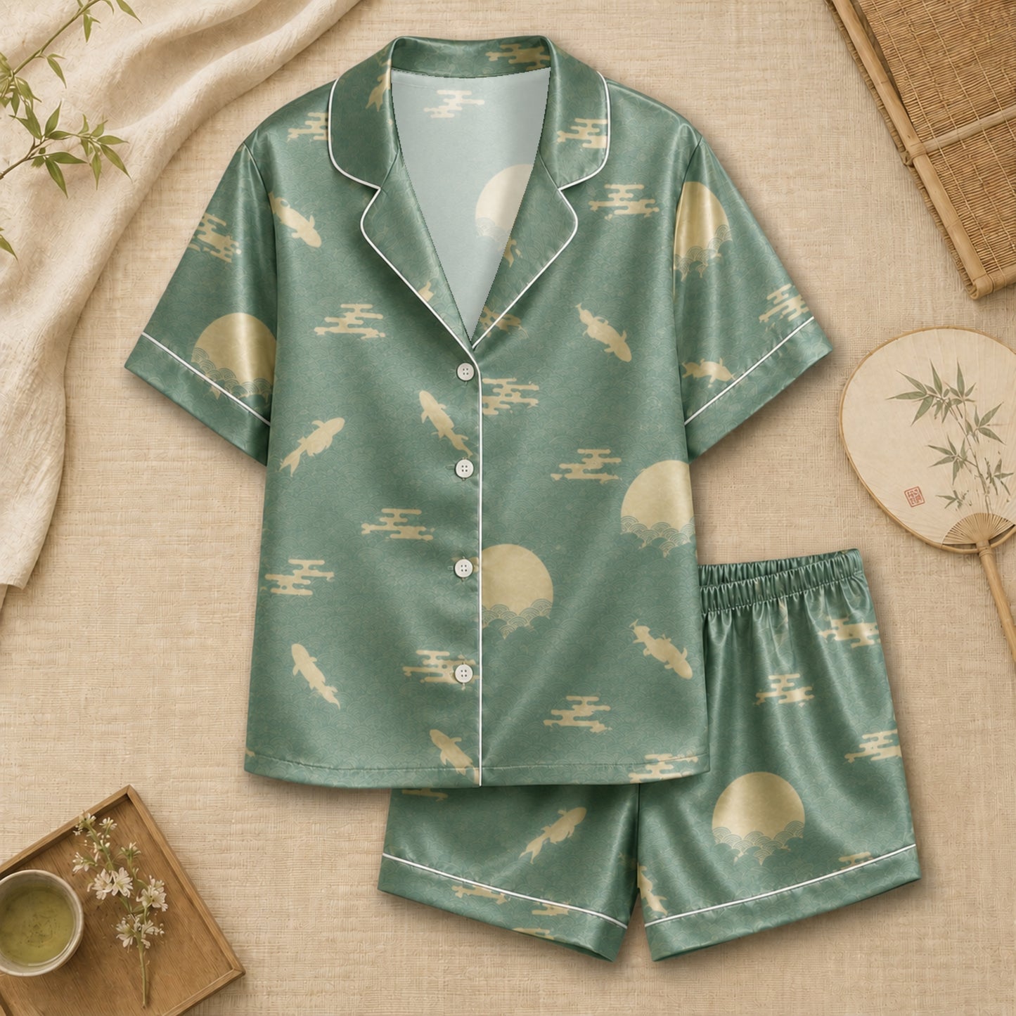 PJ-064-Satin Sage Green Moonlight Koi White Piping Button Up Pajama Set FREE SHIPING