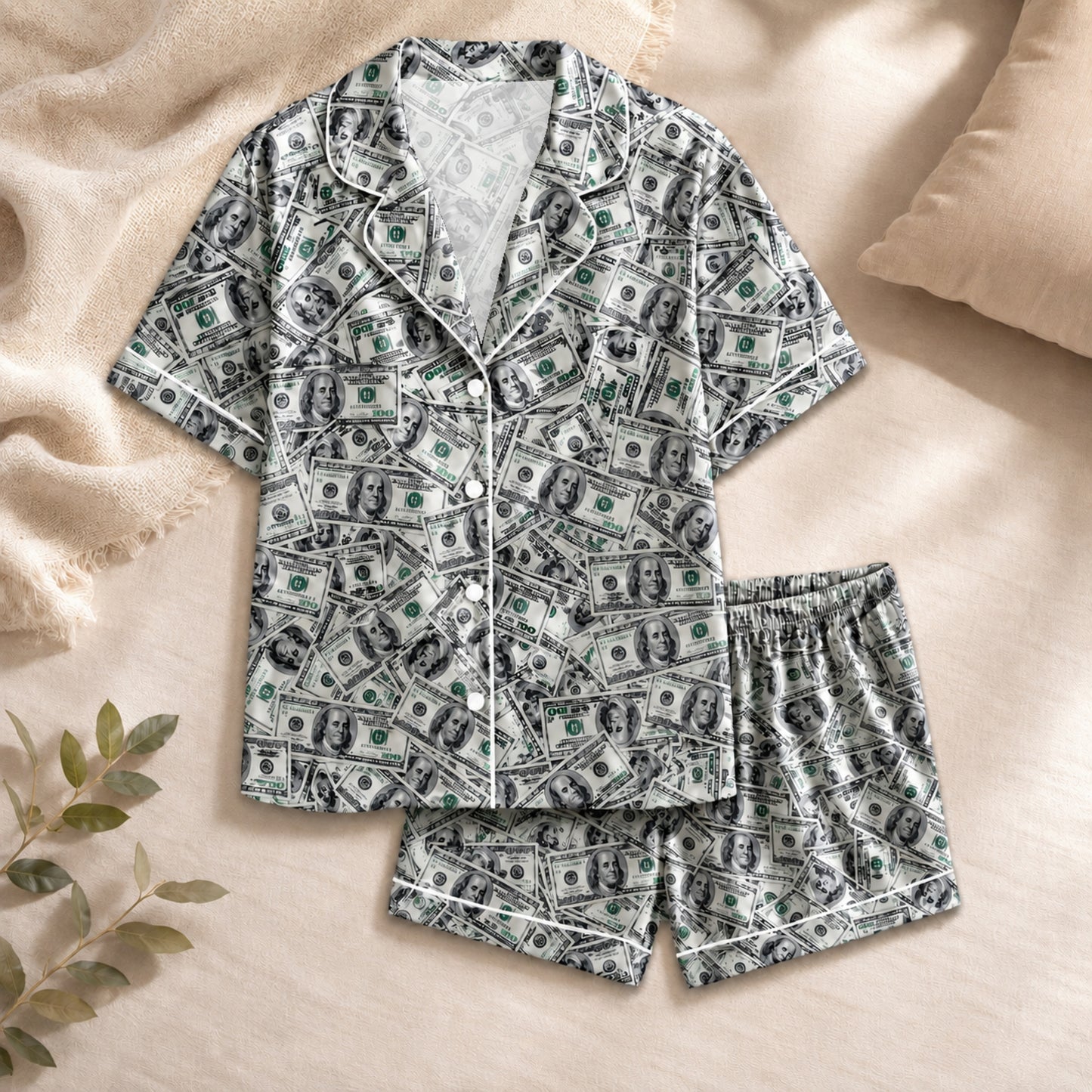PJ-065-Silk Satin Button-Up Pajama Set Featuring High-Definition Dollar Bill Print FREE SHIPING