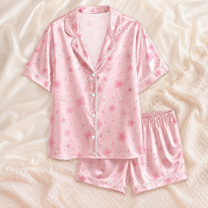 PJ-066-Satin Blush Sakura Bloom White Piping Button Up Pajama Set FREE SHIPING