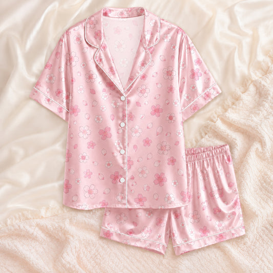 PJ-066-Satin Blush Sakura Bloom White Piping Button Up Pajama Set FREE SHIPPING