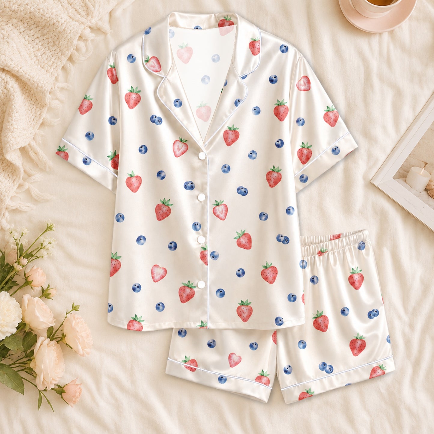 PJ-067-Strawberry and Blueberry Print Pajama Set with Fresh Berry Pattern Artwork Design FREE SHIPING