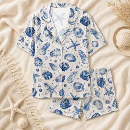PJ-070-Satin Blue Seashell White Piping Button Up Pajama Set FREE SHIPING