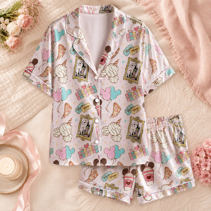 PJ-069-Satin Pink Magical Fairyland White Piping Button Up Pajama Set FREE SHIPING