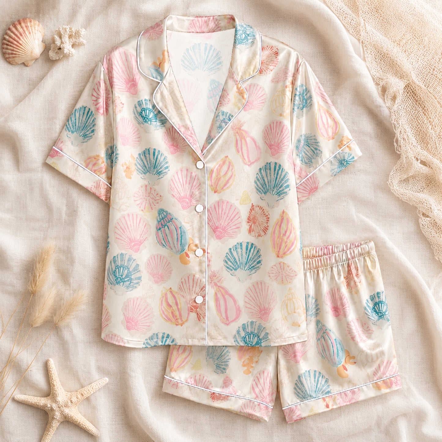 PJ-072-Satin White Pastel Seashell Classic Piping Button Up Pajama Set FREE SHIPING