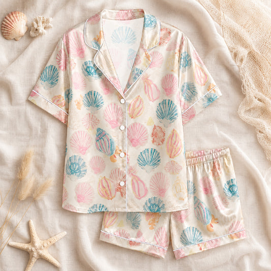 PJ-072-Satin White Pastel Seashell Classic Piping Button Up Pajama Set FREE SHIPPING