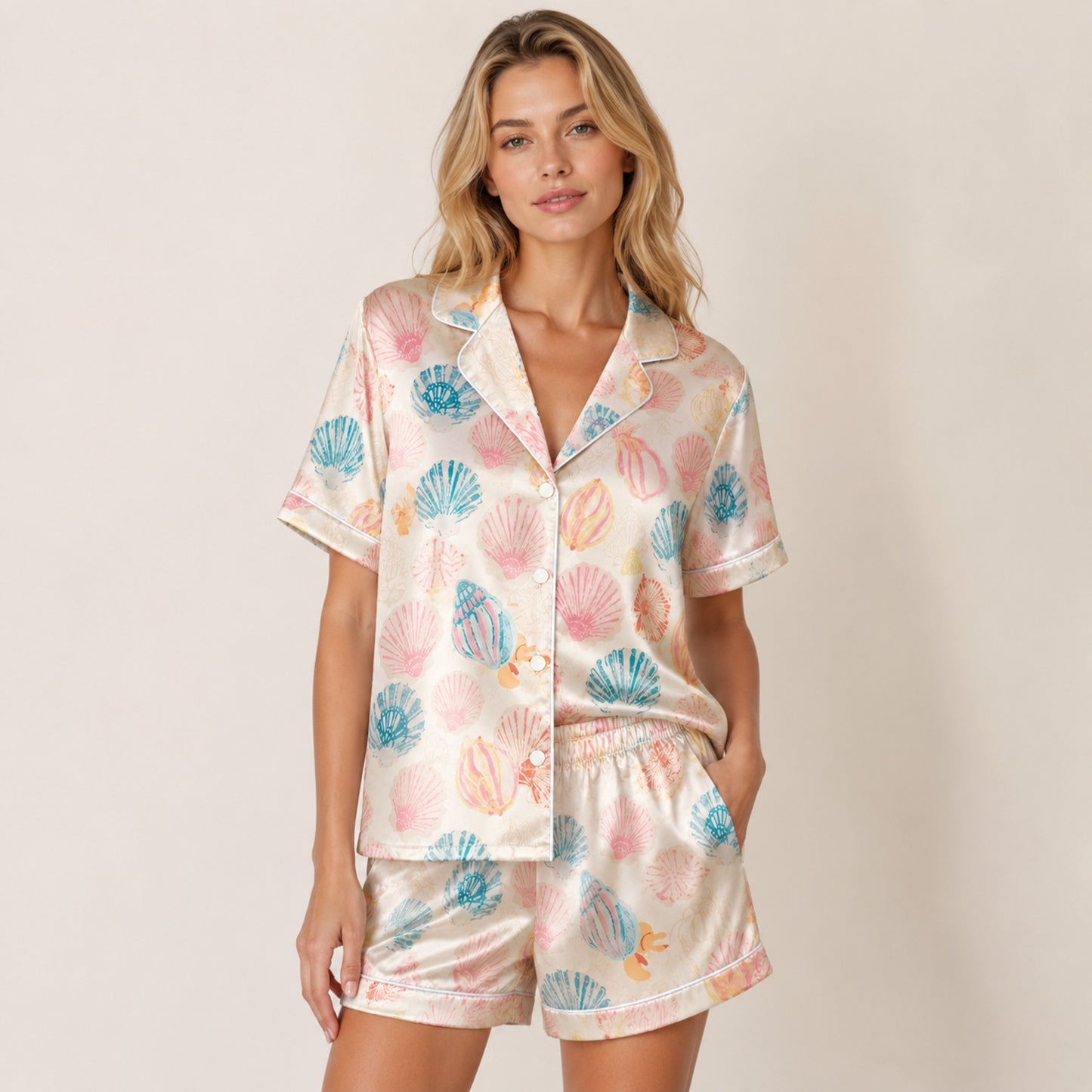 PJ-072-Satin White Pastel Seashell Classic Piping Button Up Pajama Set FREE SHIPING