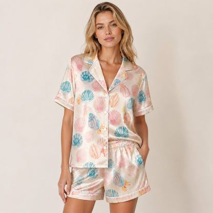 PJ-072-Satin White Pastel Seashell Classic Piping Button Up Pajama Set FREE SHIPING