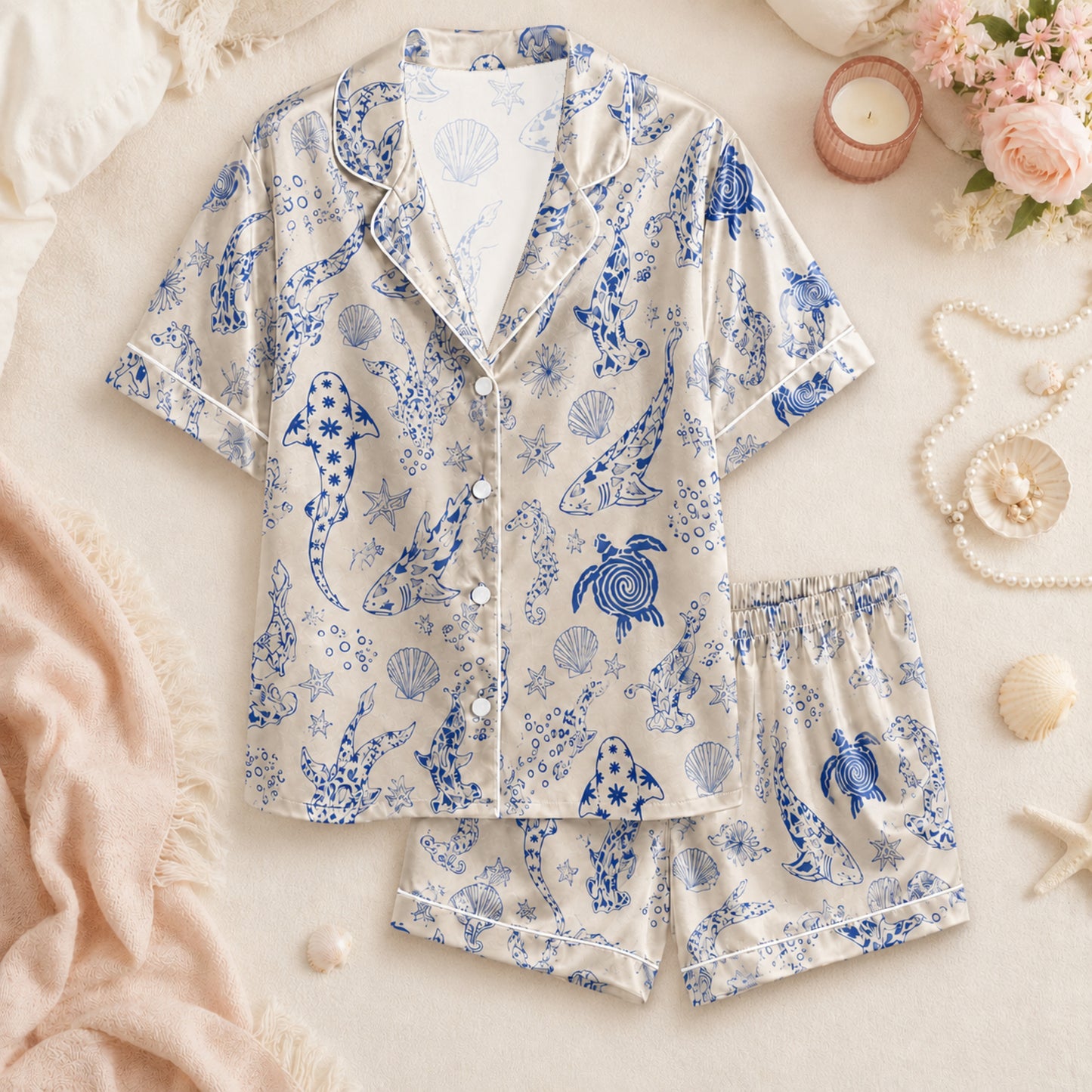 PJ-073-Satin Colorful Marine Life Classic Piping Button Up Pajama Set FREE SHIPING