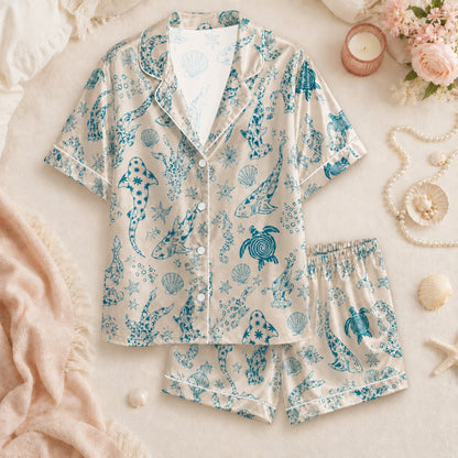 PJ-073-Satin Colorful Marine Life Classic Piping Button Up Pajama Set FREE SHIPING