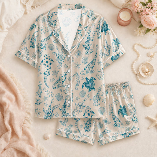 PJ-073-Satin Colorful Marine Life Classic Piping Button Up Pajama Set FREE SHIPPING