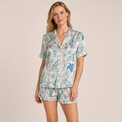 PJ-073-Satin Colorful Marine Life Classic Piping Button Up Pajama Set FREE SHIPING