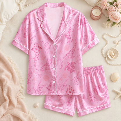 PJ-073-Satin Colorful Marine Life Classic Piping Button Up Pajama Set FREE SHIPING