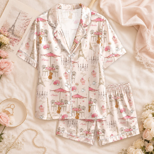 PJ-074-Unisex Pink Paris Eiffel Tower Print Satin Pajamas French Cafe Loungewear Sleepwear Nightwear Pjs Two Piece FREE SHIPPING