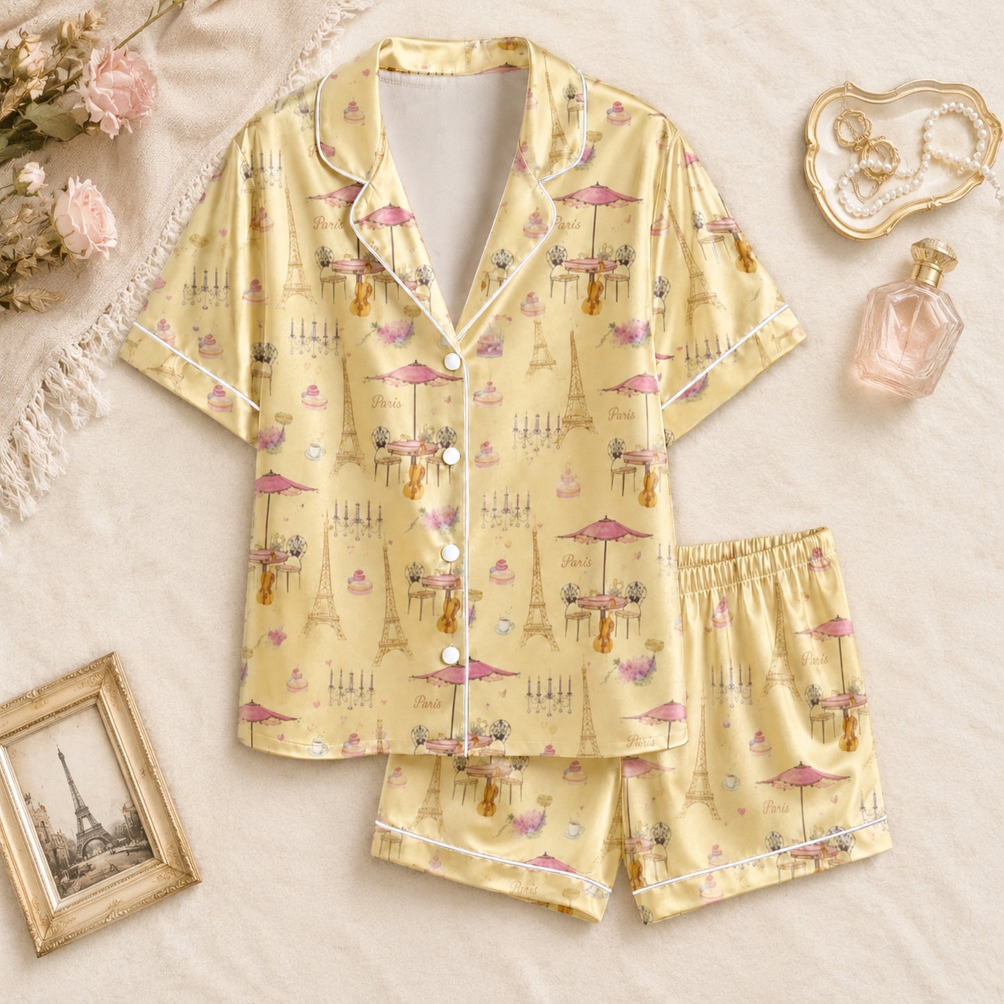 PJ-075-Unisex Yellow Paris Eiffel Tower Print Satin Pajamas French Cafe Loungewear Sleepwear Nightwear Pjs Two Piece FREE SHIPING