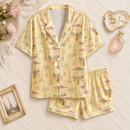 PJ-075-Unisex Yellow Paris Eiffel Tower Print Satin Pajamas French Cafe Loungewear Sleepwear Nightwear Pjs Two Piece FREE SHIPING