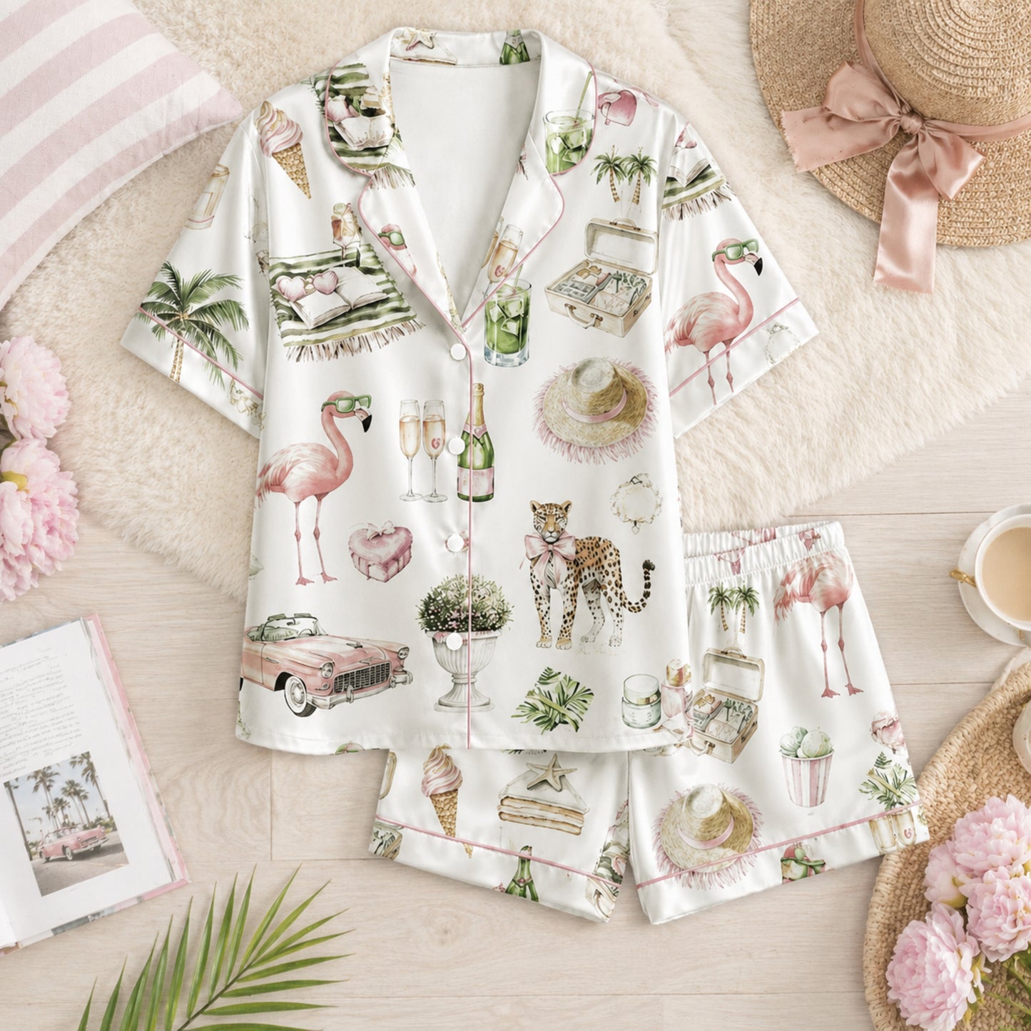 PJ-076-Satin White Retro Flamingo Pink Piping Button Up Pajama Set FREE SHIPING