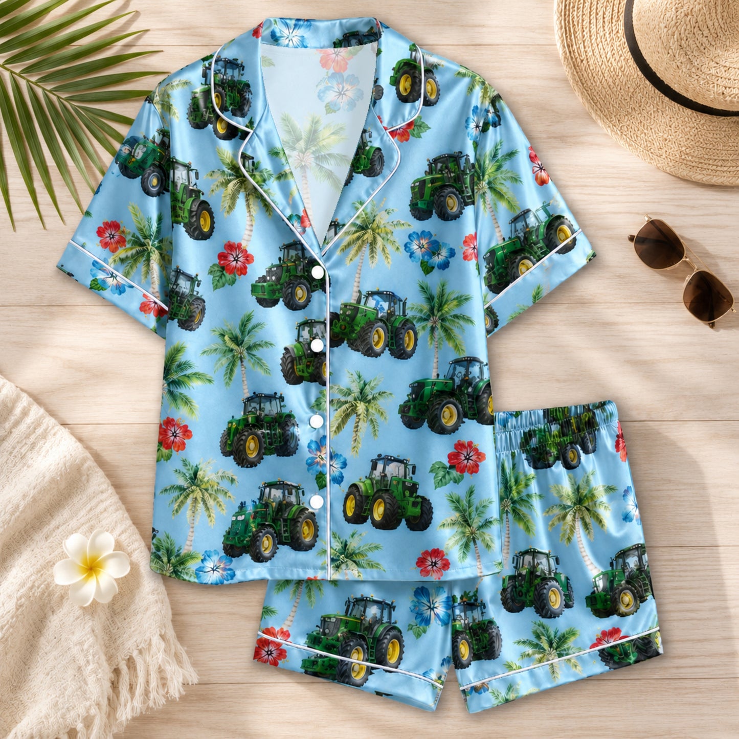 PJ-077-Unisex Blue Green Tractor Print Satin Pajamas Palm Tree Tropical Loungewear Sleepwear Nightwear Pjs Two Piece FREE SHIPING