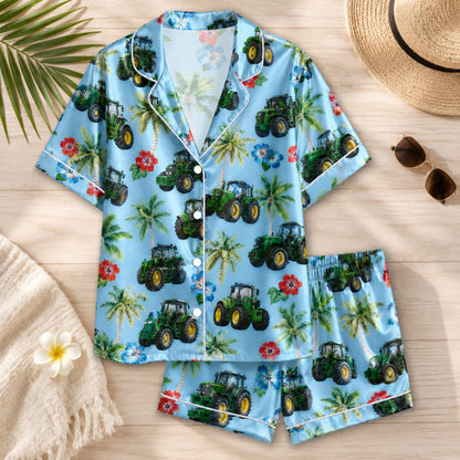 PJ-077-Unisex Blue Green Tractor Print Satin Pajamas Palm Tree Tropical Loungewear Sleepwear Nightwear Pjs Two Piece FREE SHIPING