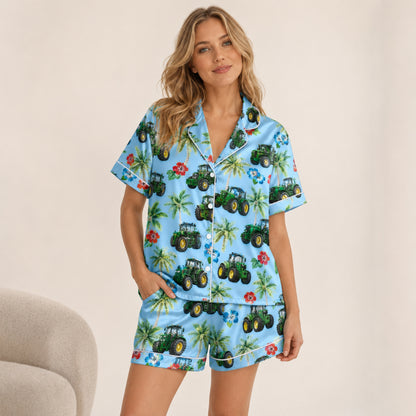PJ-077-Unisex Blue Green Tractor Print Satin Pajamas Palm Tree Tropical Loungewear Sleepwear Nightwear Pjs Two Piece FREE SHIPING